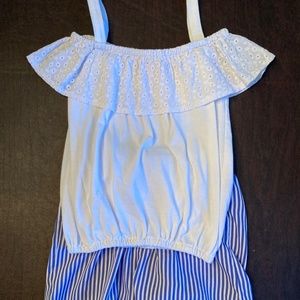 Girls Pink 2pc short set size 10/12 white top with blue and white striped shorts